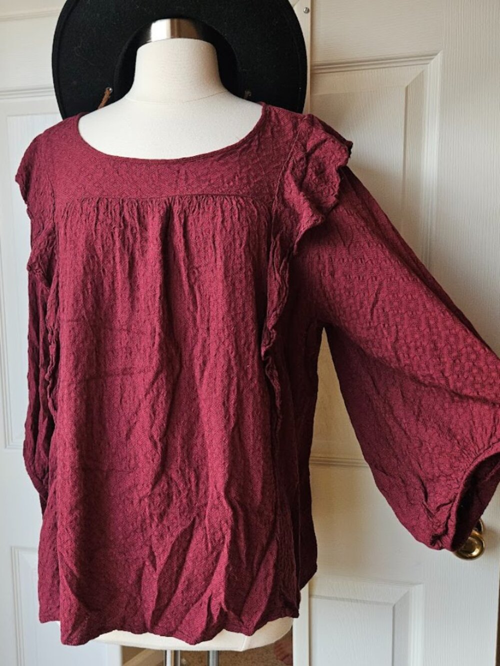 Universal Thread Boho Maroon Ruffle Bohemian Cottagecore Western Blouse Shirt